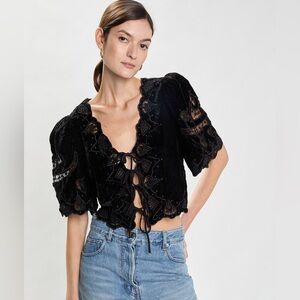 SEA ELIANA EMBROIDERED TIE-FRONT VELVET CROP TOP IN BLACK